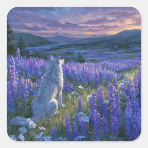 Sticker Carré Loup Blanc Assis dans une Fleur de Lupin Pourpre