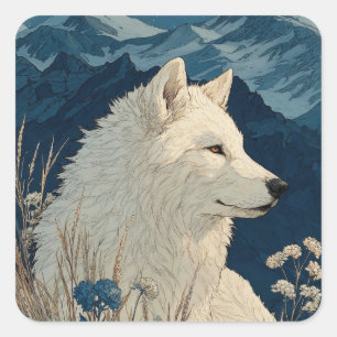 Sticker Carré Loup blanc aux fleurs bleues et montagnes enneigée
