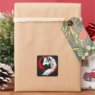 Sticker Carré Loup blanc rouge lunaire
