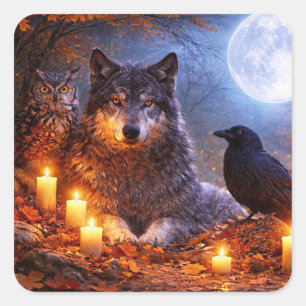 Sticker Carré Loup corbeau et hibou envoûtants de l'automne
