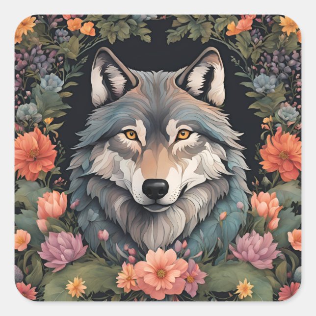 Sticker Carré Loup Cottagecore (Devant)