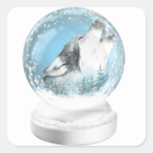 Sticker Carré Loup De Noël Dans Le Globe Des Neiges D'Hiver