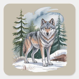 Sticker Carré Loup d'hiver rétro aquarelle 90's nature sauvage