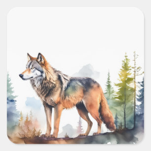 Sticker Carré Loup en forêt à l'aquarelle