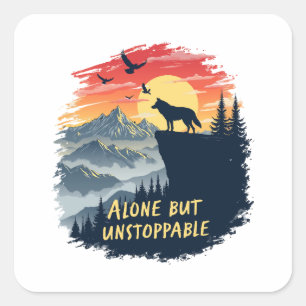 Sticker Carré Loup hurlant Sur La Lune, Seul Mais Inarrêtable