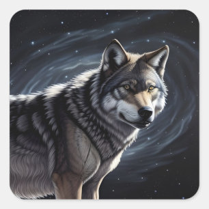 Sticker Carré Loup Majestueux Sous un Ciel Étoilé