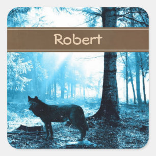 Sticker Carré Loup noir customisé seul dans la forêt