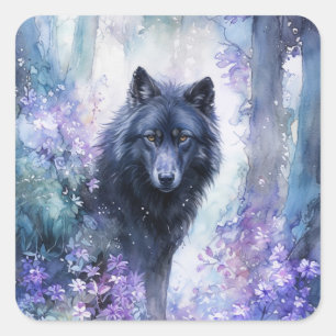 Sticker Carré Loup noir dans une forêt mystique à l'aquarelle po