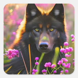 Sticker Carré loup noir en fleurs roses