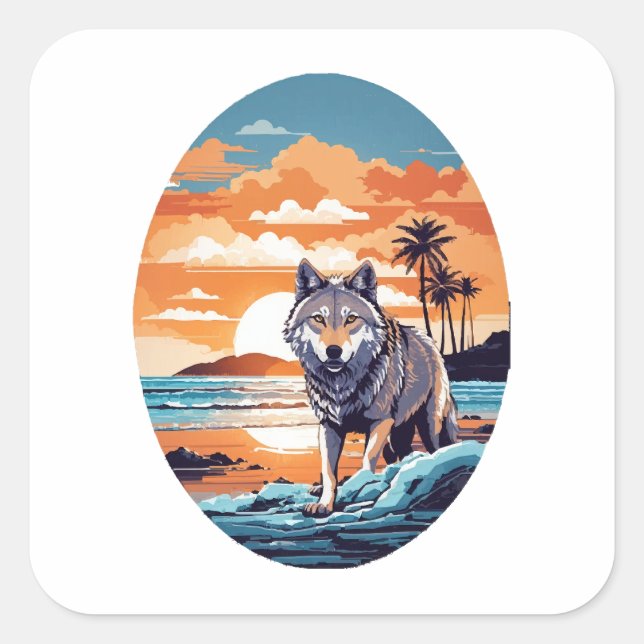 Sticker Carré Loup sur la plage (Devant)