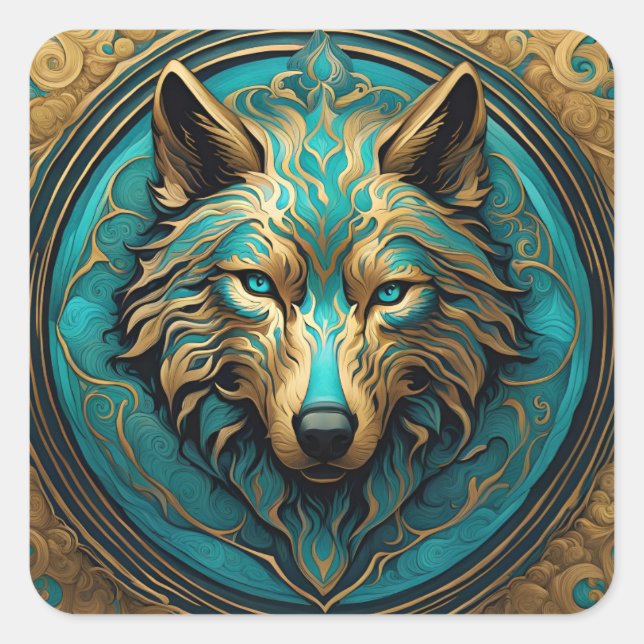Sticker Carré Loup Turquoise et Or (Devant)