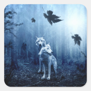 Sticker Carré Loups dans la forêt à l'aube