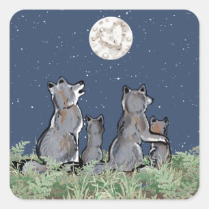Sticker Carré Loups loups hurler à la lune, étoiles de nuit Anim