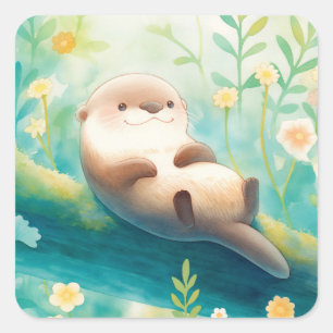 Sticker Carré Loutre Allongée sur une Bûche dans une Prairie Pri