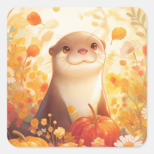 Sticker Carré Loutre avec citrouilles et fleurs d'automne