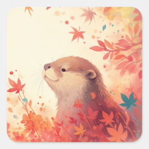 Sticker Carré Loutre avec feuilles d'érable rouges et orange tom