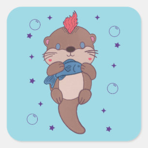 Sticker Carré Loutre de mer punk rock avec poisson Drôle d'art