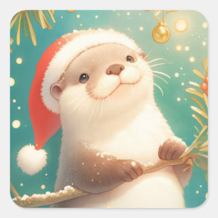 Sticker Carré Loutre de Noël avec chapeau de Père Noël et baies 