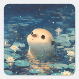 Sticker Carré Loutre Magique dans l'étang de Lotus de Nuit