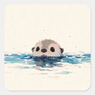 Sticker Carré Loutre minimaliste qui jette un coup d'œil dans l'