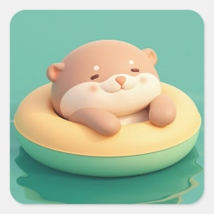 Sticker Carré Loutre ronde en argile heureuse dans un anneau de