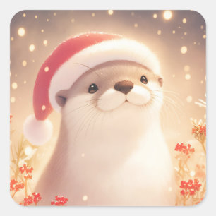 Sticker Carré Loutre souriante en bonnet de Santa avec des baies