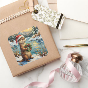 Sticker Carré Loutre vintage avec couronne de Noël par Frozen