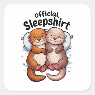 Sticker Carré loutres de bande dessinée serrant sur un coussin b