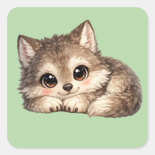 Sticker Carré Louveteau Kawaii avec des Yeux Brillants et Douce