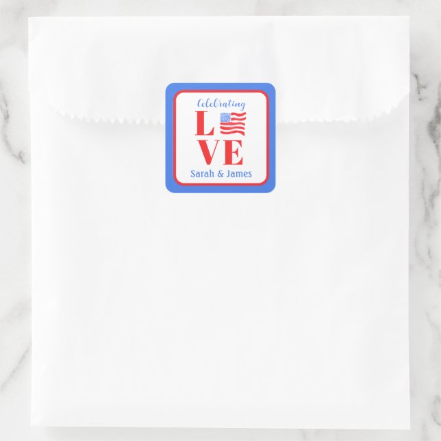 Sticker Carré LOVE Aquarelle Drapeau Américain NOM Mariée  (Sac)