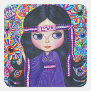 Sticker Carré Love Headband Hippie fille poupée psychedélique vi