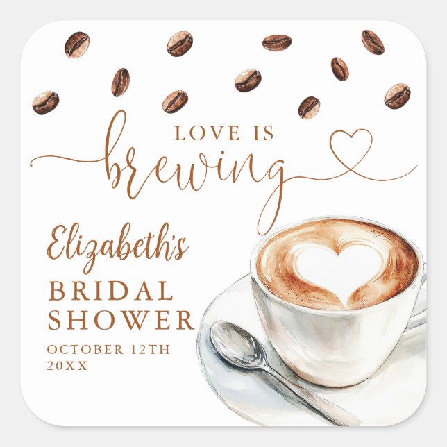 Sticker Carré Love Is Brewing Coffee Bridal Shower Favor (Devant)