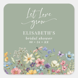 Sticker Carré Love Love Grow Sage Vert Fleurs de Mariage Shower