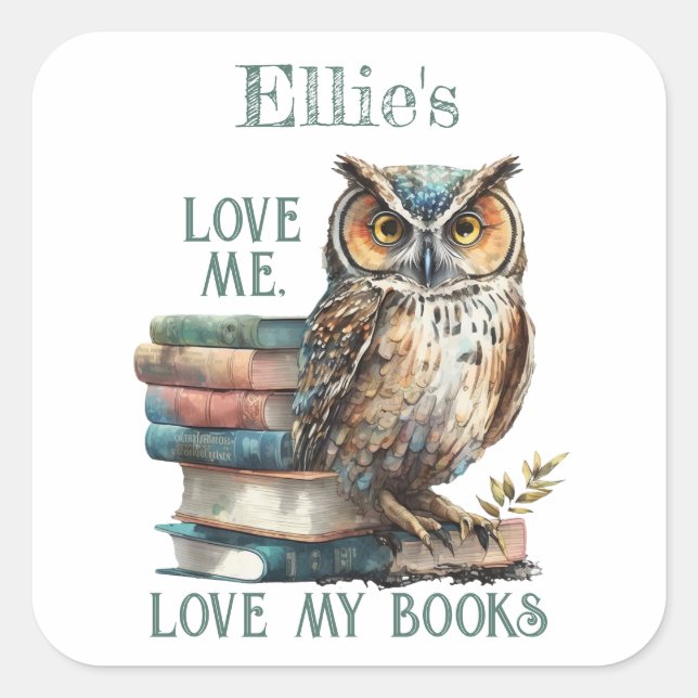 Sticker Carré Love me Love my books Owl Bookplate (Devant)