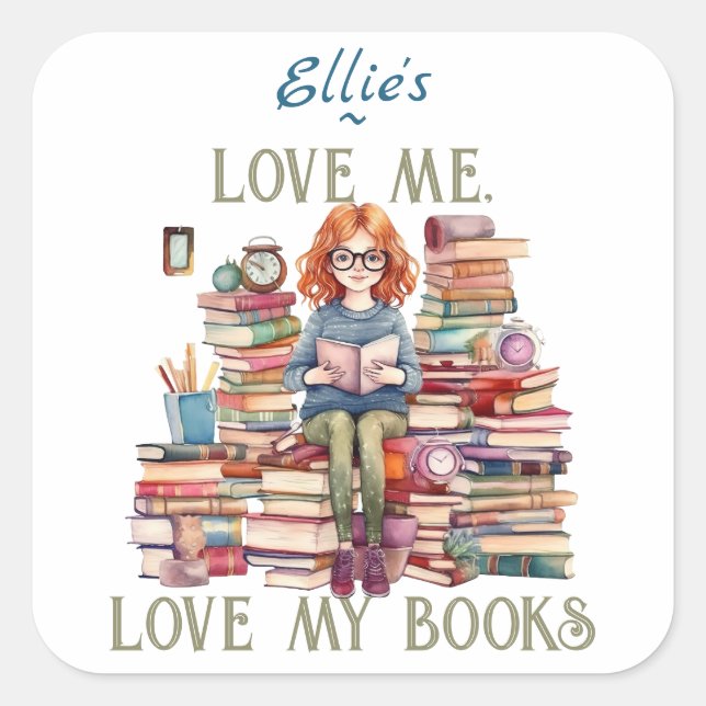 Sticker Carré Love me Love my books Stack Bookplate (Devant)
