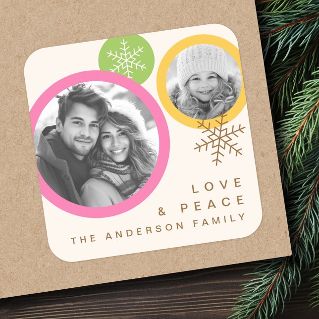 Sticker Carré Love peace snowflakes coloré photo vacances (Love peace snowflakes colorful photo holiday square sticker)