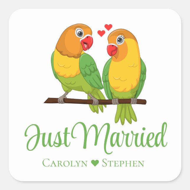 Sticker Carré Lovebird Jaune Inséparables Juste Marié Mariage (Devant)