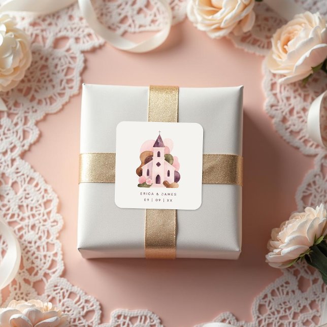 Sticker Carré Lovely Rustic Pink Tones Church Wedding (Lovely Rustic Pink Tones Church Illustration Wedding Square Stickers Design.)