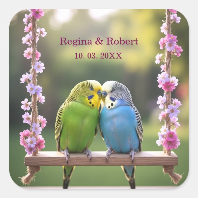 Sticker Carré Loving Budgie Couple on Swing Custom Wedding Favor (Devant)