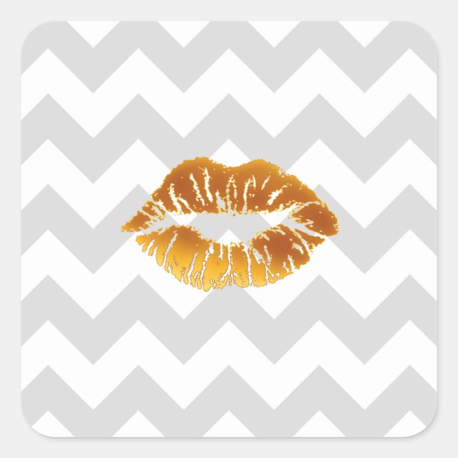 Sticker Carré Lt Grey Blanc Chevron, Gold Lipstick Kiss (Devant)