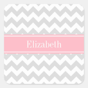 Sticker Carré Lt Grey White Chevron Zigzag Pink Nom Monogramme