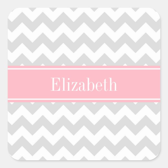 Sticker Carré Lt Grey White Chevron Zigzag Pink Nom Monogramme (Devant)
