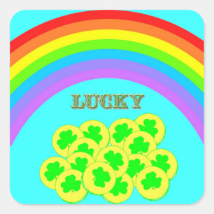 Sticker Carré Lucky avec Rainbows, Gold et Shamrock
