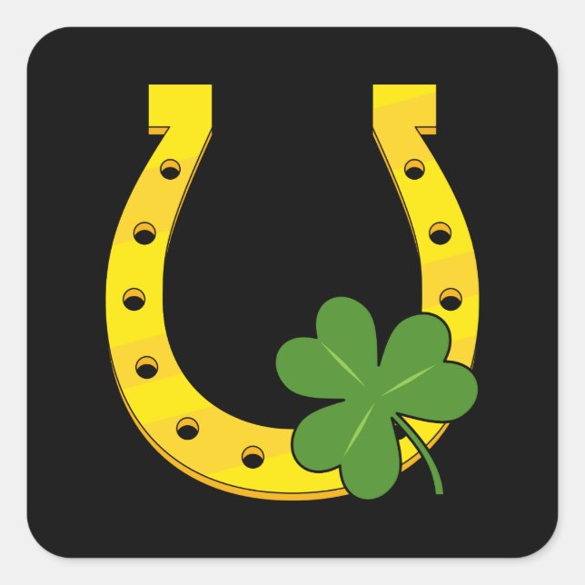 Sticker Carré Lucky Golden Horseshoe avec Shamrock sur noir (Devant)