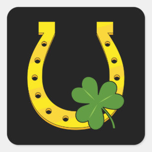 Sticker Carré Lucky Golden Horseshoe avec Shamrock sur noir