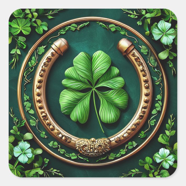 Sticker Carré Lucky Horseshoe et Clover Design (Devant)