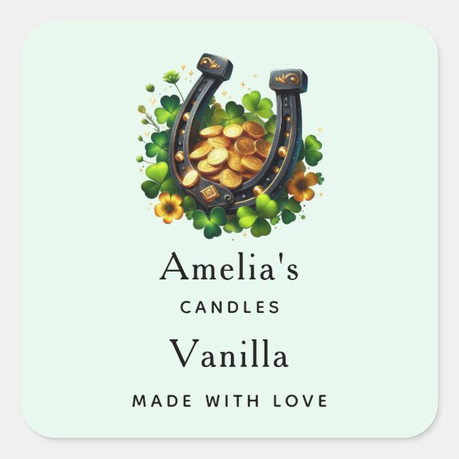 Sticker Carré Lucky Horseshoe et Gold Coins Bougie Business (Devant)