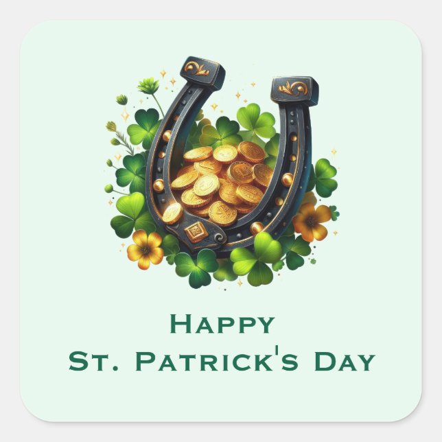 Sticker Carré Lucky Horseshoe et Gold Coins St. Patrick's Day (Devant)