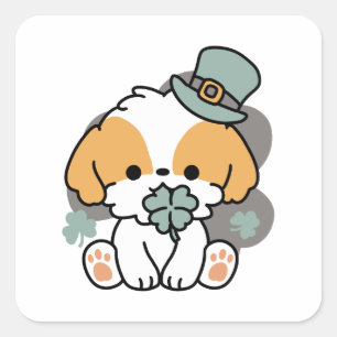 Sticker Carré Lucky Pup with Clover - St. Patrick's Day Cadeau