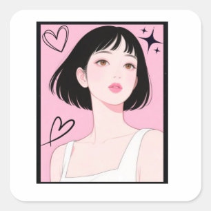 Sticker Carré Ludique & Esthétique : Fille Kawaii Rose Mignonne